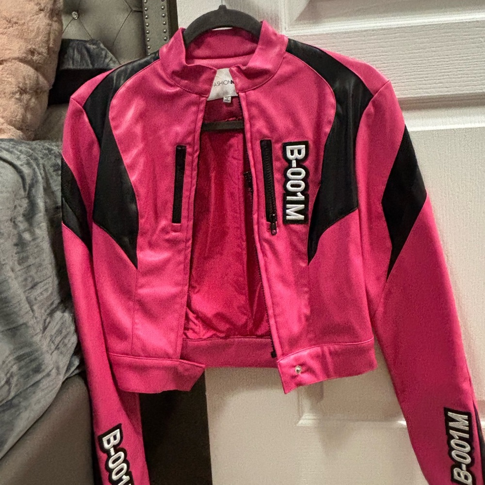 Women's Pink and Black Cropped Jacket